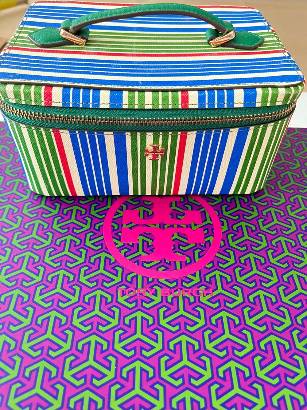 Nice Robinson Tory Burch Green Blue Striped Top-Handle Cosmetic Case